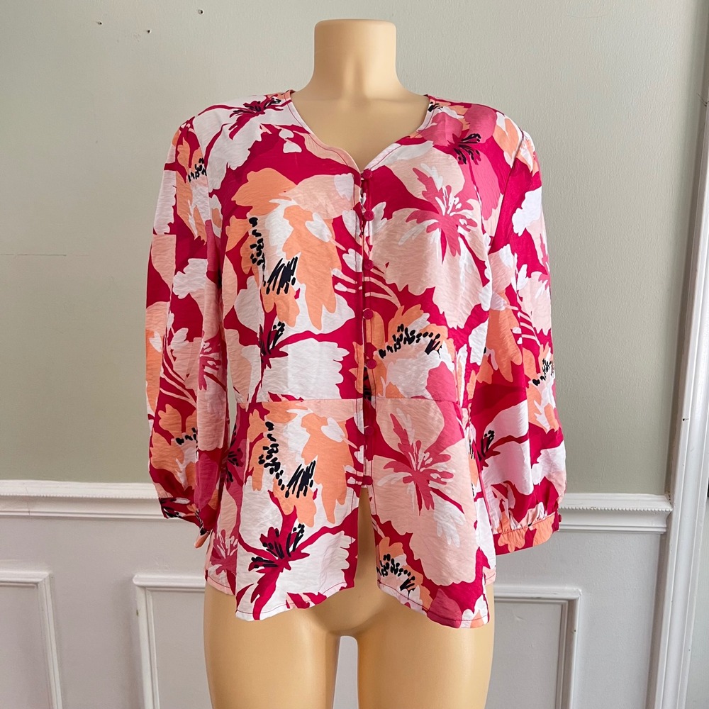 Chicos Floral Blouse Womens 1 Medium Pink Orange Button Front V-Neck Tropical